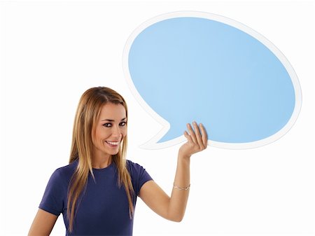person words speech bubble not phone not outdoors - mid adult woman holding blank speech bubble on white background. Horizontal shape, front view, waist up, copy space Stock Photo - Budget Royalty-Free & Subscription, Code: 400-04266066
