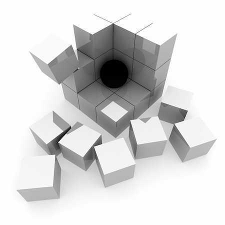 part of the ruins of a pyramid of cubes in which the black ball. 3D computer rendering Stock Photo - Budget Royalty-Free & Subscription, Code: 400-04266191