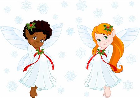 simsearch:400-04349966,k - Cute Christmas fairies flying in the snowing sky Stockbilder - Microstock & Abonnement, Bildnummer: 400-04266286