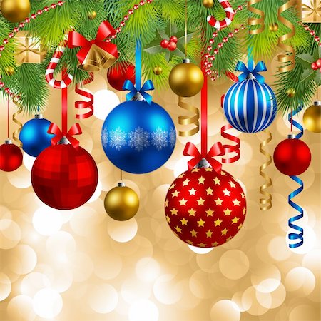 christmas background with baubles and christmas tree Stock Photo - Budget Royalty-Free & Subscription, Code: 400-04266311