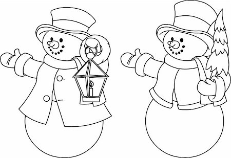 Christmas illustration with two black and white snowmen for coloring Stock Photo - Budget Royalty-Free & Subscription, Code: 400-04266449