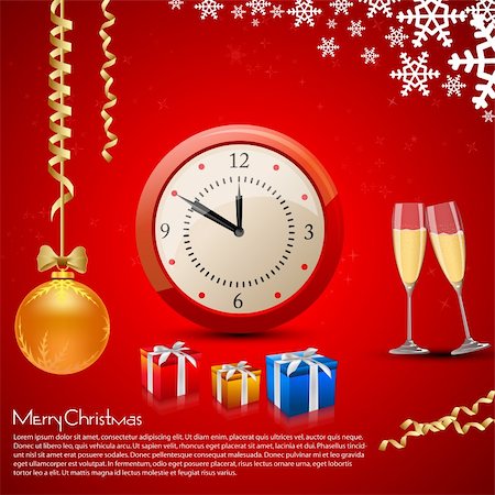 illustration of christmas card with champagne,present,ball and watch Stock Photo - Budget Royalty-Free & Subscription, Code: 400-04266638