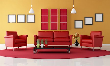 two red armchair and sofa in a contemporary living room - rendering Stock Photo - Budget Royalty-Free & Subscription, Code: 400-04266723