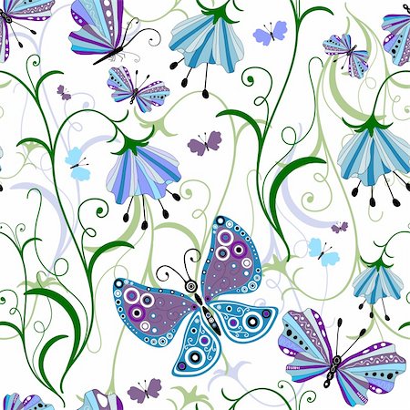 White seamless floral pattern with blue-violet flowers and butterflies (vector) Stock Photo - Budget Royalty-Free & Subscription, Code: 400-04267320