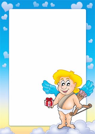 Frame with Cupid holding gift - color illustration. Foto de stock - Super Valor sin royalties y Suscripción, Código: 400-04267359