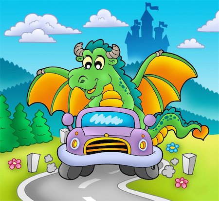 simsearch:400-05673575,k - Green dragon driving car - color illustration. Stockbilder - Microstock & Abonnement, Bildnummer: 400-04267376