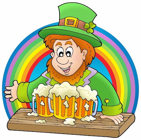 drink beer in suit - Leprechaun with beers and rainbow - color illustration. Stock Photo - Budget Royalty-Free & Subscription, Code: 400-04267384