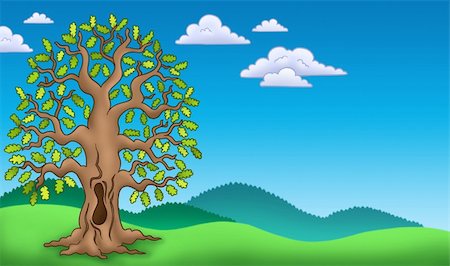 simsearch:400-04267385,k - Landscape with oak tree - color illustration. Stockbilder - Microstock & Abonnement, Bildnummer: 400-04267383