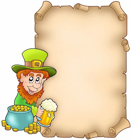 drink beer in suit - Parchment with leprechaun and gold - color illustration. Stock Photo - Budget Royalty-Free & Subscription, Code: 400-04267397