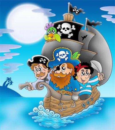simsearch:400-06091827,k - Sailboat with cartoon pirates at night - color illustration. Foto de stock - Royalty-Free Super Valor e Assinatura, Número: 400-04267408