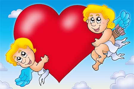 simsearch:400-04267372,k - Two Cupids holding heart on sky - color illustration. Photographie de stock - Aubaine LD & Abonnement, Code: 400-04267413