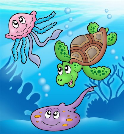 Various marine animals in sea - color illustration. Photographie de stock - Aubaine LD & Abonnement, Code: 400-04267425