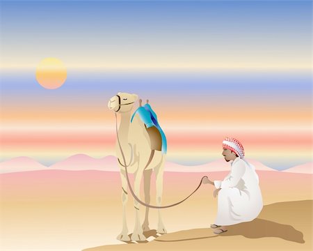 simsearch:400-05706113,k - an illustration of a man with a camel in a desert landscape at sunset Stock Photo - Budget Royalty-Free & Subscription, Code: 400-04267518