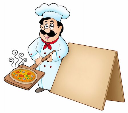 pizza wood - Chef with pizza plate and board - color illustration. Stock Photo - Budget Royalty-Free & Subscription, Code: 400-04267686