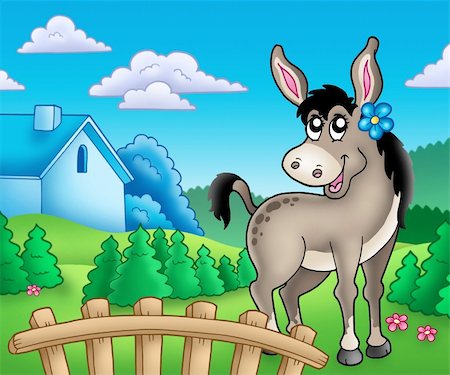 simsearch:400-04235699,k - Donkey with flower behind fence - color illustration. Foto de stock - Royalty-Free Super Valor e Assinatura, Número: 400-04267696