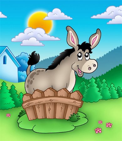 simsearch:400-05686866,k - Cute donkey behind fence - color illustration. Fotografie stock - Microstock e Abbonamento, Codice: 400-04267691