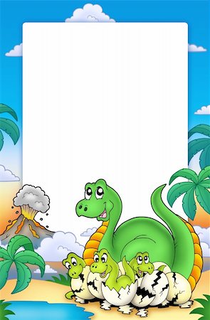 prehistoric cartoon trees - Frame with little dinosaurs - color illustration. Stock Photo - Budget Royalty-Free & Subscription, Code: 400-04267709