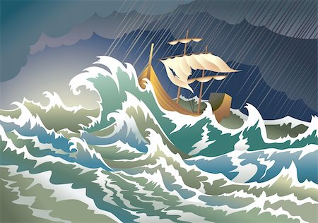 fond marin - Storm at the sea, sinking ship, heavy clouds; vector illustration Photographie de stock - Aubaine LD & Abonnement, Code: 400-04267923