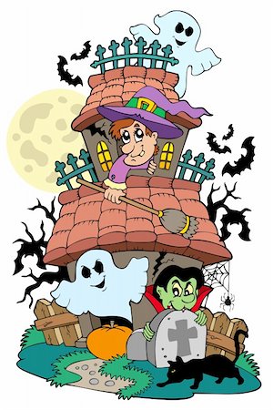 simsearch:400-09068519,k - Haunted house with various characters - vector illustration. Foto de stock - Royalty-Free Super Valor e Assinatura, Número: 400-04267959