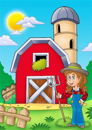 farm fence gate - Big red barn with farmer girl - color illustration. Photographie de stock - Aubaine LD & Abonnement, Code: 400-04268459