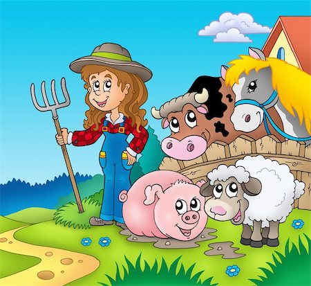 simsearch:400-04235699,k - Country girl with farm animals - color illustration. Foto de stock - Royalty-Free Super Valor e Assinatura, Número: 400-04268473