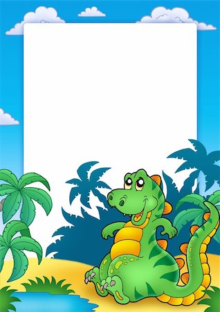 prehistoric cartoon trees - Frame with cute sitting dinosaur - color illustration. Stock Photo - Budget Royalty-Free & Subscription, Code: 400-04268489