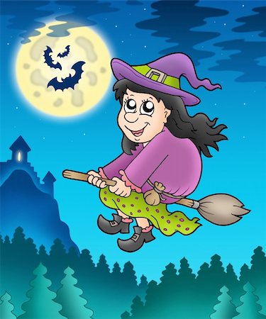 simsearch:400-04236811,k - Cute witch on broom near castle - color illustration. Photographie de stock - Aubaine LD & Abonnement, Code: 400-04268481