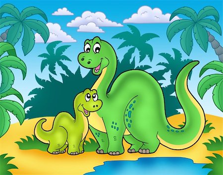 prehistoric cartoon trees - Dinosaur family in landscape - color illustration. Stock Photo - Budget Royalty-Free & Subscription, Code: 400-04268482