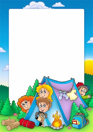 simsearch:400-04407783,k - Frame with group of camping kids - color illustration. Stock Photo - Budget Royalty-Free & Subscription, Code: 400-04268490