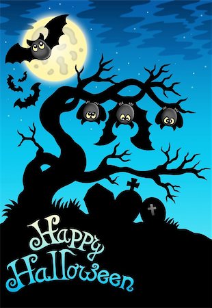 simsearch:400-04407834,k - Happy Halloween sign with bats - color illustration. Photographie de stock - Aubaine LD & Abonnement, Code: 400-04268514