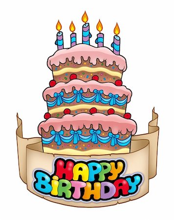 simsearch:400-04142095,k - Happy birthday theme with tall cake - color illustration. Foto de stock - Super Valor sin royalties y Suscripción, Código: 400-04268513