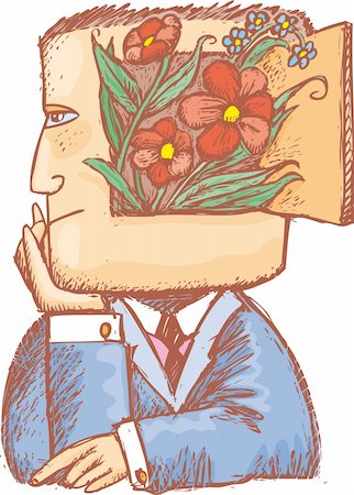 sad man flowers - Enchanted man with flowers inside his head. A melancholy and romantic spring image. Stock Photo - Budget Royalty-Free & Subscription, Code: 400-04268615