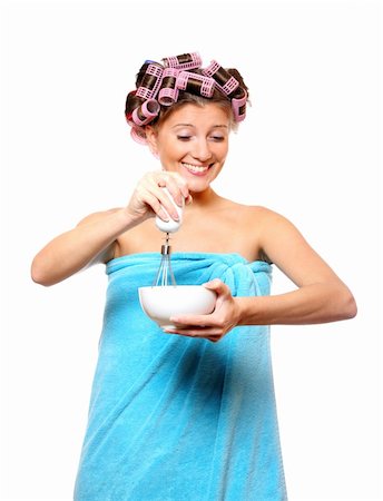 funny family breakfast - A portrait of a pretty housewife preparing breakfast in a towel and curlers Stock Photo - Budget Royalty-Free & Subscription, Code: 400-04268868