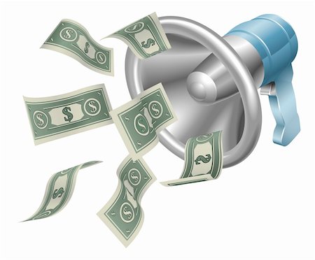 Megaphone with money flying out. Conceptual illustration representing referral fees or affiliate marketing or any other way of making money by passing on information. Foto de stock - Super Valor sin royalties y Suscripción, Código: 400-04269354