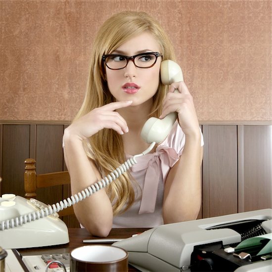 beautiful retro businesswoman vintage secretary wooden office and glasses talking telephone Photographie de stock - Libre de Droits (LD), Artiste: lunamarina, Le code de l’image : 400-04269665