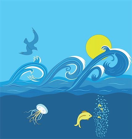 Seascape at sunset with the waves, bird, fish and jellyfish. Stock Photo - Budget Royalty-Free & Subscription, Code: 400-04269747