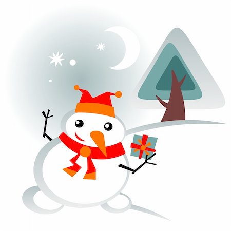 simsearch:400-04662476,k - Cartoon snowball with gift and pine on a winter background. Stock Photo - Budget Royalty-Free & Subscription, Code: 400-04269740