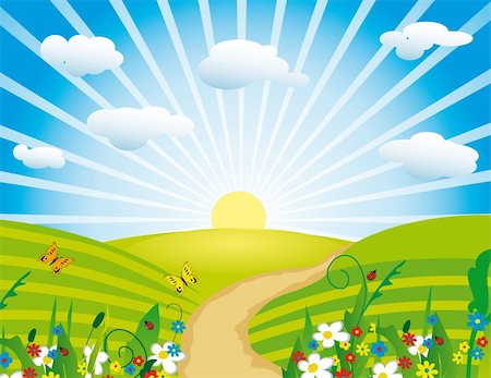 The sun over a flourishing meadow. Vector illustration. Vector art in Adobe illustrator EPS format, compressed in a zip file. The different graphics are all on separate layers so they can easily be moved or edited individually. The document can be scaled to any size without loss of quality. Stock Photo - Budget Royalty-Free & Subscription, Code: 400-04260008