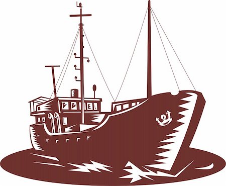 fishing boat at sea illustration - illustration of a Coastal trader boat don ein woodcit style Stock Photo - Budget Royalty-Free & Subscription, Code: 400-04260923
