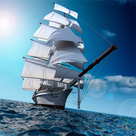 frégate - Sailing ship in the vast ocean with small waves is getting all the sails filled with sea breeze Photographie de stock - Aubaine LD & Abonnement, Code: 400-04260987