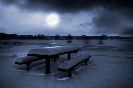 Table and benches covered with snow in moonlight Stock Photo - Budget Royalty-Free & Subscription, Code: 400-04261830