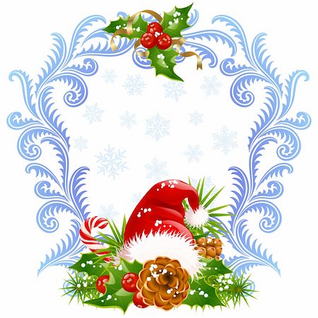 santa border - Christmas and New Year greeting card 4. Santa hat, candy cane and holly Stock Photo - Budget Royalty-Free & Subscription, Code: 400-04261833