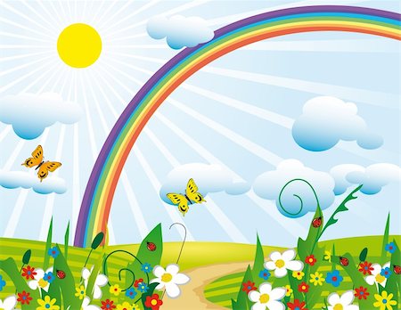Rainbow over the flowering meadows. Vector illustration. Vector art in Adobe illustrator EPS format, compressed in a zip file. The different graphics are all on separate layers so they can easily be moved or edited individually. The document can be scaled to any size without loss of quality. Foto de stock - Super Valor sin royalties y Suscripción, Código: 400-04261974