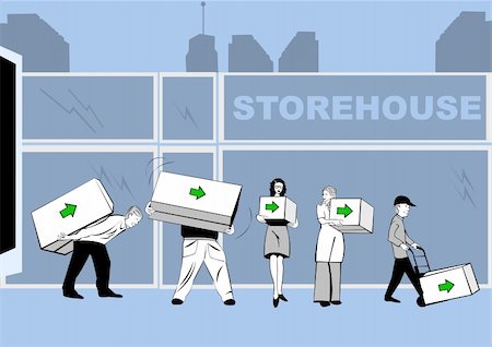 simsearch:628-01877989,k - Vector illustration of people caring boxes various dimensions with an arrow on it in front of a storehouse Photographie de stock - Aubaine LD & Abonnement, Code: 400-04262078