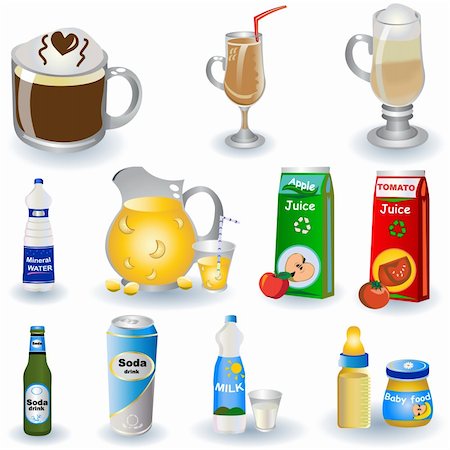 Color vector illustration of different non-alcoholic beverages isolated on white background. Stock Photo - Budget Royalty-Free & Subscription, Code: 400-04262090