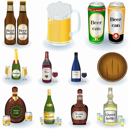 Vector illustrated set of different alcohol beverages with a barrel and bottles. Photographie de stock - Aubaine LD & Abonnement, Code: 400-04262091