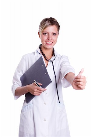 Smiling female doctor holding some folders and showing the all OK. Isolated on white. Foto de stock - Super Valor sin royalties y Suscripción, Código: 400-04262167