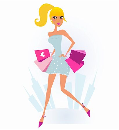 Attractive blond girl with pink shopping bags on Shopping. Vector Illustration. Foto de stock - Super Valor sin royalties y Suscripción, Código: 400-04262521