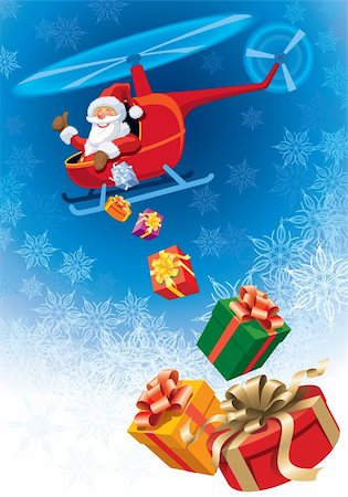 Happy Santa Claus flying in helicopter with christmas gifts. Stock Photo - Budget Royalty-Free & Subscription, Code: 400-04262855
