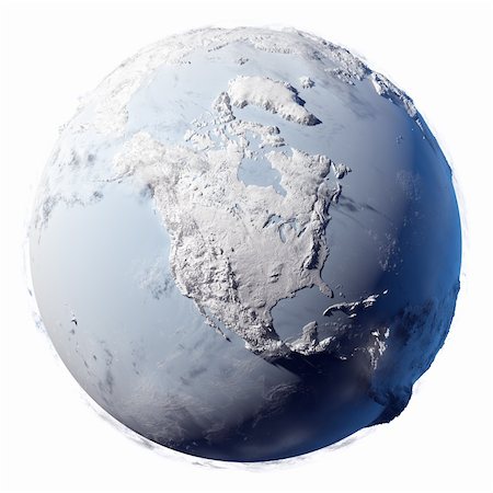 Winter planet Earth - covered in snow and ice planet with a real detailed terrain, soft shadows and volumetric clouds on a white background Stock Photo - Budget Royalty-Free & Subscription, Code: 400-04263031